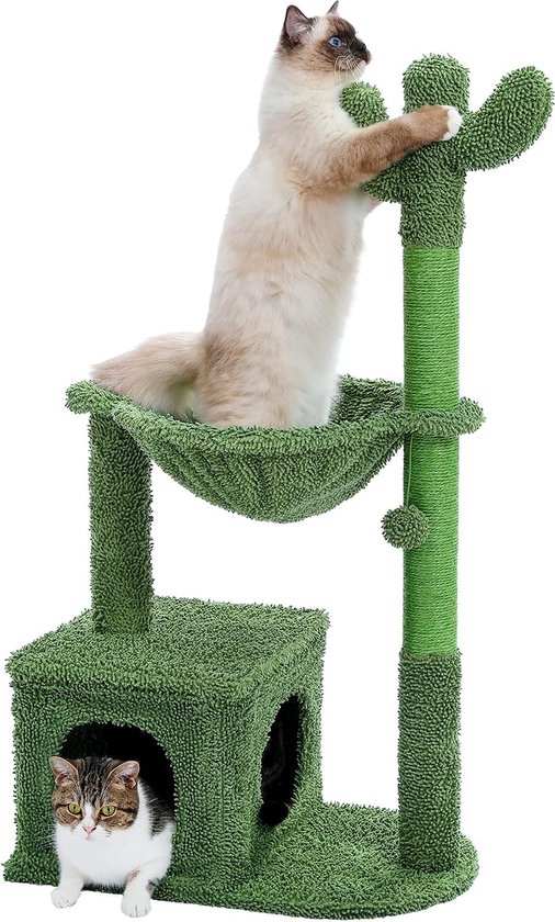 Kattenkrabpaal met hangmat en huisje, groen, in cactusaanslag, met twee katten.