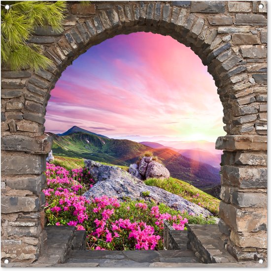 Affiche de jardin - Voir à travers - Pierres - Montagnes - Coucher de soleil - Fleurs - Voir à travers - 100x100 cm - Affiche de clôture - Toile de jardin