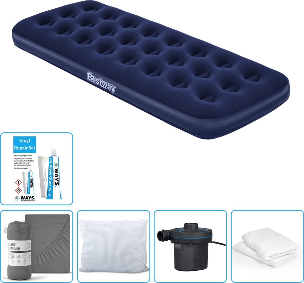 Bestway luchtbed - 1-Persoons - 76 x 185 x 22 cm - Blauw - Inclusief Hoeslaken - Kussen - Kussenbeschermer - Pomp en Reparatieset