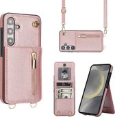 Geschikt Voor Samsung Galaxy S24 Hoesje Met Koord - Solidenz S24 Wallet Case Cover - Telefoonhoes - Backcover Met Koordje - Cord Case - Lanyard - Hoesje S24 - Roségoud