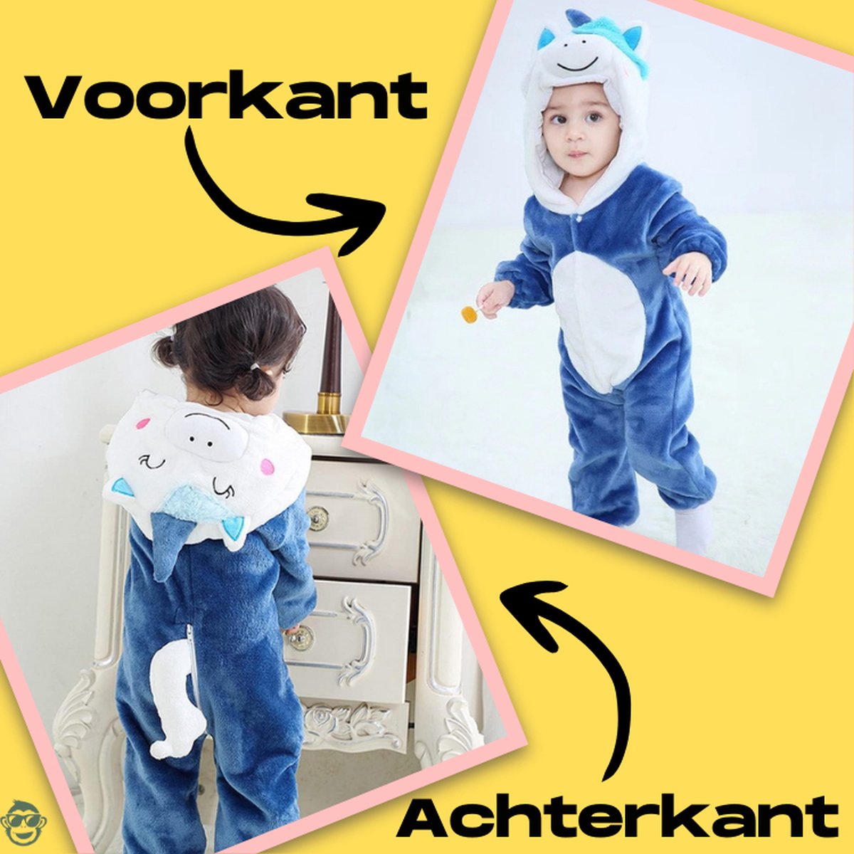 BoefieBoef Dieren Onesie Pyjama Kinderen 6m-2jr – Eenhoorn Blauw – Verkleedkleding met Luierrits – Carnaval Dierenpak - Kerst en Kraamcadeau - Zacht Flanel - Romper - Boxpak - Jongens - Meisjes — afbeelding 9