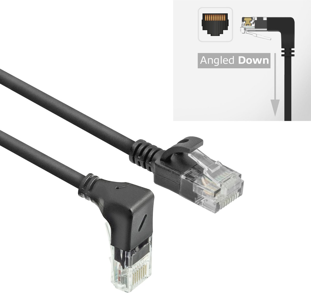 Image of ACT Zwarte 5 meter U/UTP CAT6A LSZH slimline patchkabel met RJ45 connectoren, recht naar 90° haaks beneden DC3905