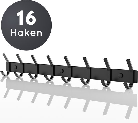 Volcan Wandkapstok - 16 Haken - RVS - Muur Kapstok Hangend - Industrieel - 3M Tape - Zwart