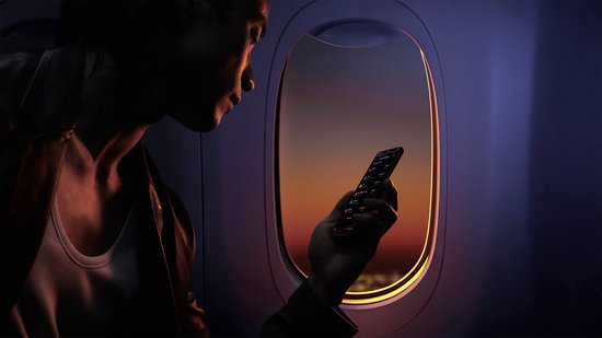 Man kijkt naar Ledger Nano S Plus in een vliegtuigraam bij zonsondergang.