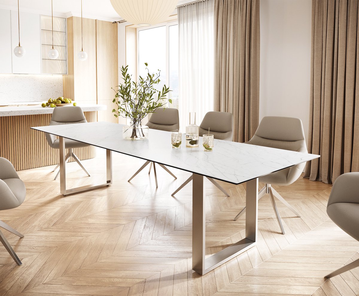 Eettafel Edge keramiek Laminam® Statuarietto wit 300x100 roestvrij staal smal