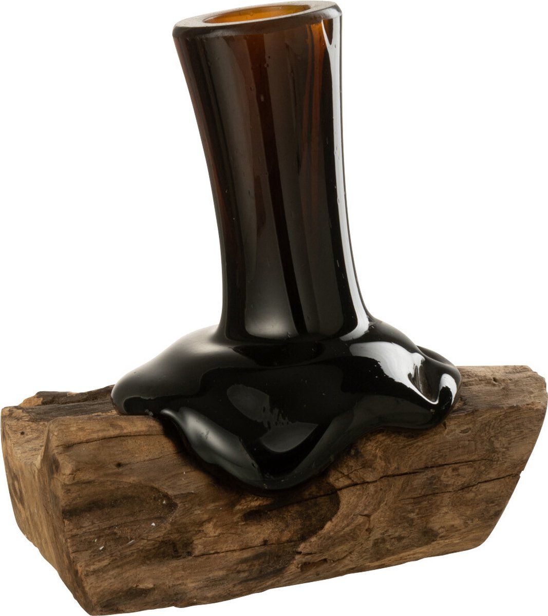 J-Line vaas op voet Hoog Gamal - hout/glas - naturel/bruin - small - 19.5 cm hoog