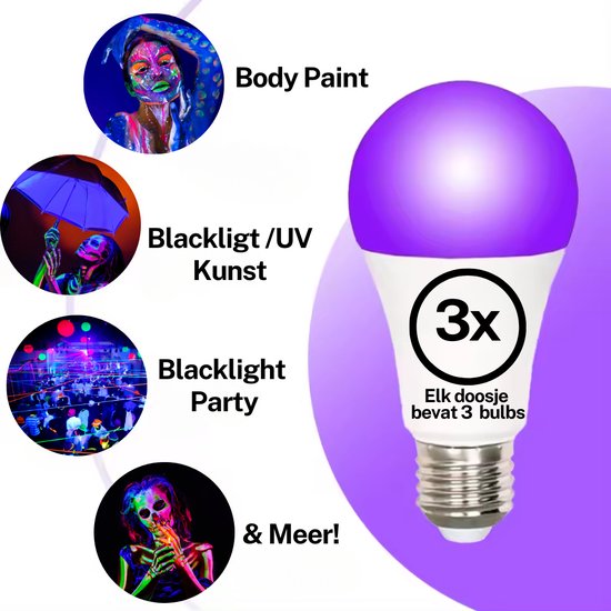 Foto: Glowpro uv lamp blacklight glow in the dark blacklight led lamp blacklight uva led lamp uv e27 fitting 9 watt led feestje halloween feestlamp set van 3 lampen