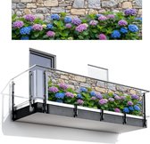 Balkonscherm 300x95 cm - Balkonposter Hortensia - Bloemen - Bladeren - Stenen - Balkon scherm decoratie - Balkonschermen - Balkondoek zonnescherm