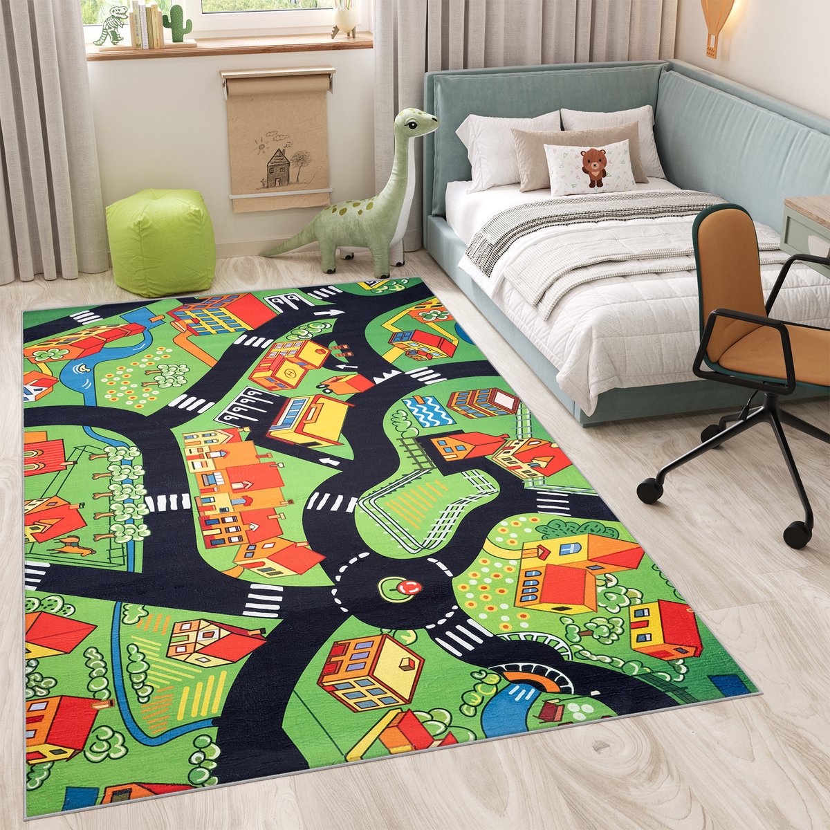 Tapiso Flannel Printed Kindertapijt Antislip Groen Stad Kinderkamer Vloerkleed Maat- 160x2