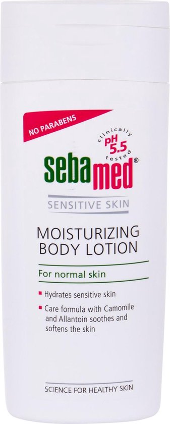 Witte fles Sebamed Moisturizing Body Lotion voor normale huid. Zonder parabenen.