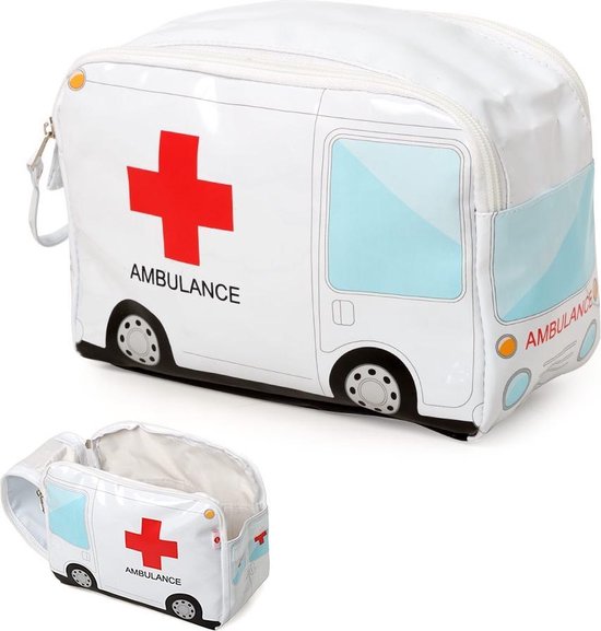 Witte toilettas in de vorm van een ambulance, met een rood kruis en het woord 'AMBULANCE'. Een tweede tas is open te zien.