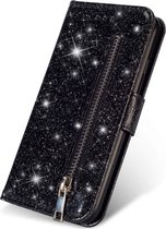 Samsung Galaxy A21S Glitter Bookcase hoesje Portemonnee met rits  - Zwart