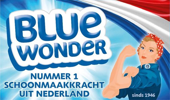 Blue Wonder, nummer 1 schoonmaakdrank uit Nederland sinds 1946. Rosy the Riveter-figuur.