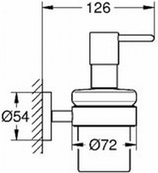 Technische tekening van een chroom zeepdispenser met afmetingen.