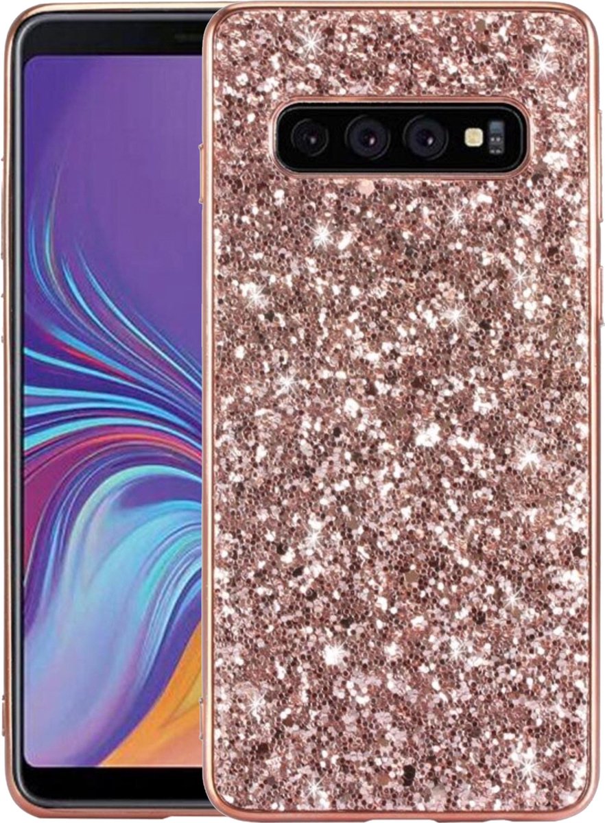 Geschikt voor Samsung Galaxy S10 Plus Backcover - Roze - Glitters - Hard PC Hoesje