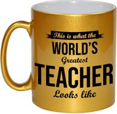 Gouden Worlds Greatest Teacher cadeau koffiemok / theebeker voor leraar / lerares 330 ml