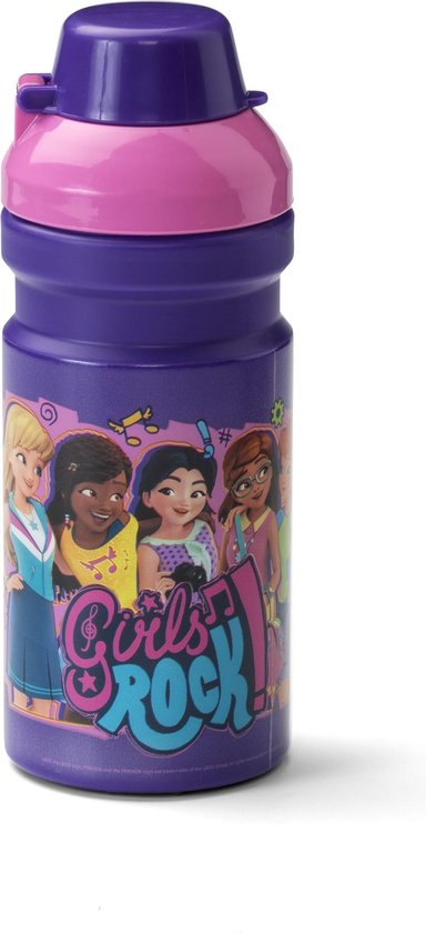 Gourde violette avec bouchon rose, illustrant 4 LEGO Friends et le texte 'Girls Rock'.