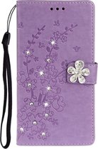 Voor Galaxy A10s Plum Blossom Pattern Diamond Encrusted Leather Case met houder & kaartsleuven & portemonnee (paars)