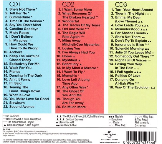 Achterkant van de hoes met tracklists voor CD1, CD2 en CD3. 'Colin Blunstone Collected' met 3CD en 60 tracks.