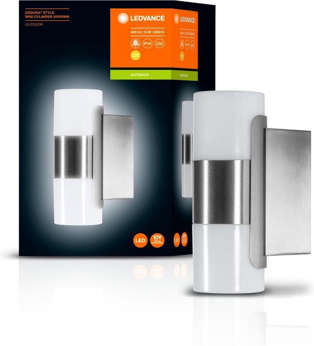 wand- en plafondarmatuur LED: voor muur, ENDURA® STYLE MINI CYLINDER / 10 W, 220…240 V, uitstralingshoek: 160°, Warm White, 3000 K, body materiaal: stainless steel, IP44, 1-bundel