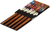set van 5 Japanse eetstokjes met geisha motief (bruin assorti kleuren)