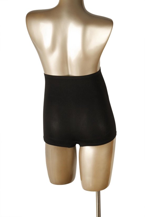 Achterkant van zwarte zwangerschaps boxershorts met hoge taille op een gouden mannequin.