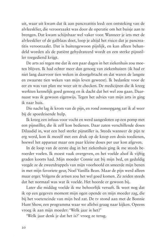 Pagina met tekst uit een boek, inclusief verwijzing naar een paniekgevoel en een gevecht tegen de pijn.