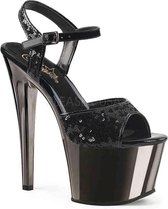 Pleaser Sandaal met enkelband, Paaldans schoenen -38 Shoes- SKY-310SQ Paaldans schoenen Zwart/Zilverkleurig