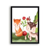 Postercity - Poster blije bosdieren hertje en vosje Aquarel/waterkleur - Bos Dieren Poster - Kinderkamer / Babykamer - 80x60cm