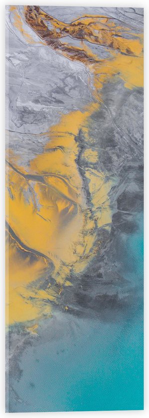 Acrylglas - Abstract Bruin, Geel en Blauwe Vlekken - 20x60 cm Foto op Acrylglas (Met Ophangsysteem)