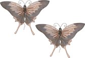 2x stuks grote metalen vlinder grijs/goudbruin 34 x 24 cm tuin decoratie - Tuindecoratie vlinders - Dierenbeelden hangdecoraties