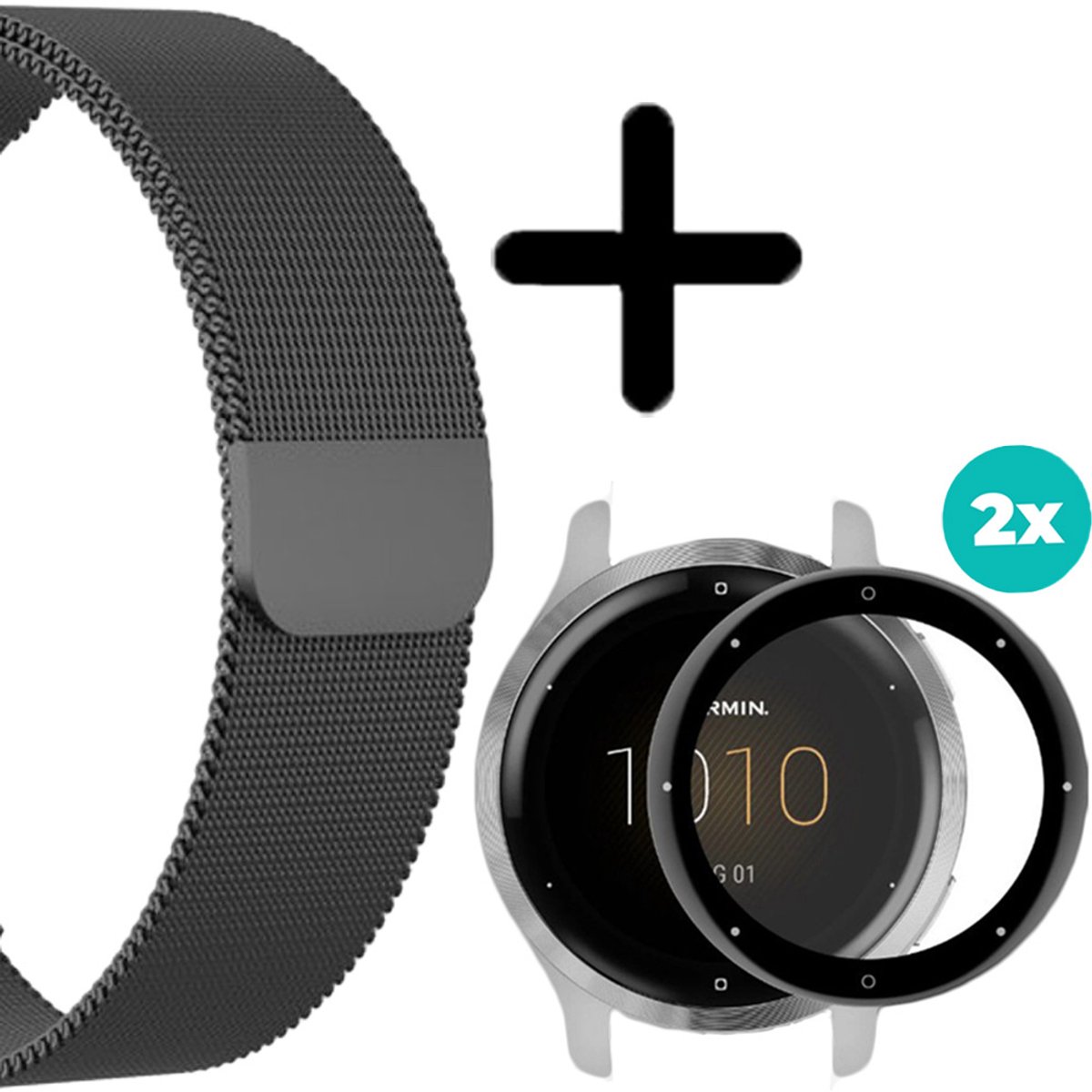 Smartwatch bandje - Milanese band (1x) – Screenprotector (2x) - Milanees bandje - bescherming smartwatch scherm – Roestvrij stalen bandje - Bescherming Garmin Venu 2s scherm - Zwart - 18mm bandje – set van 2 – Geschikt voor Garmin Venu 2s