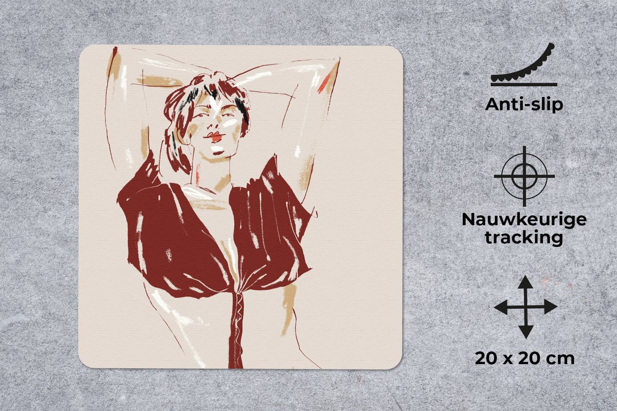 Muismat 20x20 cm - Mousepad Portret - Vrouw - Rood - Abstract - Muismatten
