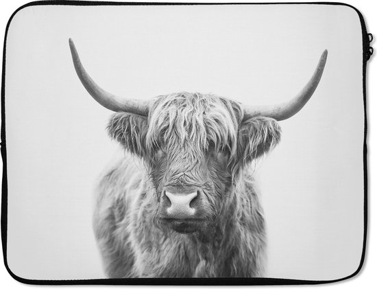 Housse pour ordinateur portable 17 pouces - Highlander écossais - Animaux - Cornes - Zwart et blanc - Housse pour ordinateur portable - Dimensions intérieures 42,5x30 cm