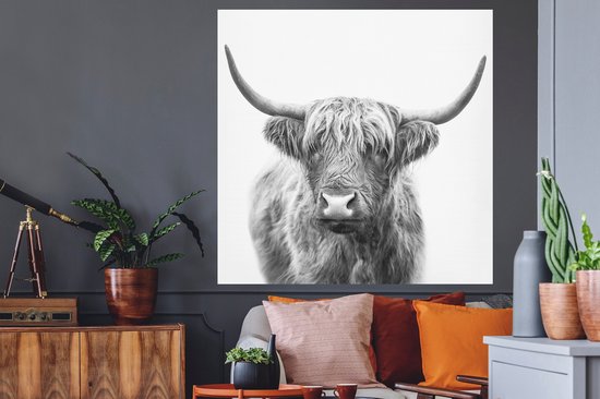 Muurstickers - Sticker Folie - Schotse hooglander - Dieren - Hoorns - Zwart wit - 120x120 cm - Plakfolie - Muurstickers Kinderkamer - Zelfklevend Behang XXL - Zelfklevend behangpapier - Stickerfolie