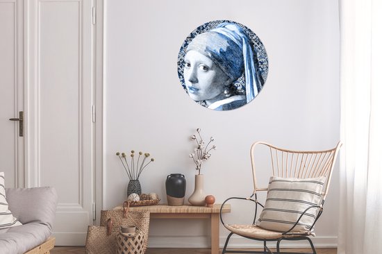WallCircle - Stickers muraux - Cercle de Papier Peint - Fille avec une Boucle d'Oreille Perle - Johannes Vermeer - Bleu de Delft - 50x50 cm - Cercle Mural - Auto-Adhésif - Autocollant Rond de Papier Peint