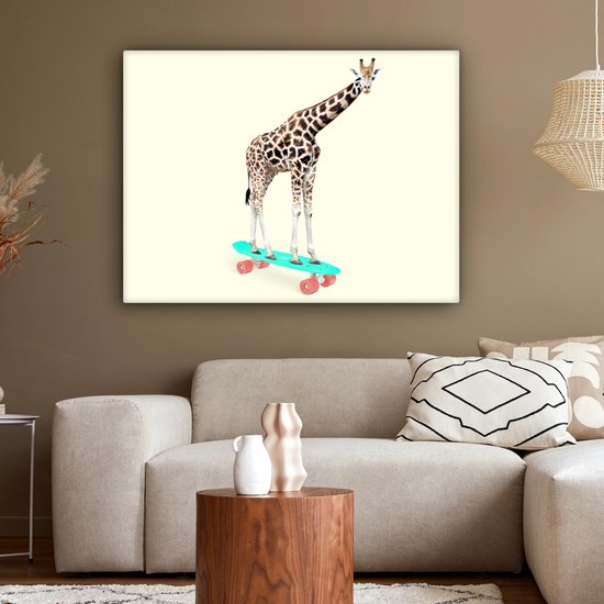 Canvas schilderij - Foto op canvas- Giraffe - Patroon - Skateboard - Roze - Dieren - 120x90 cm - Wanddecoratie