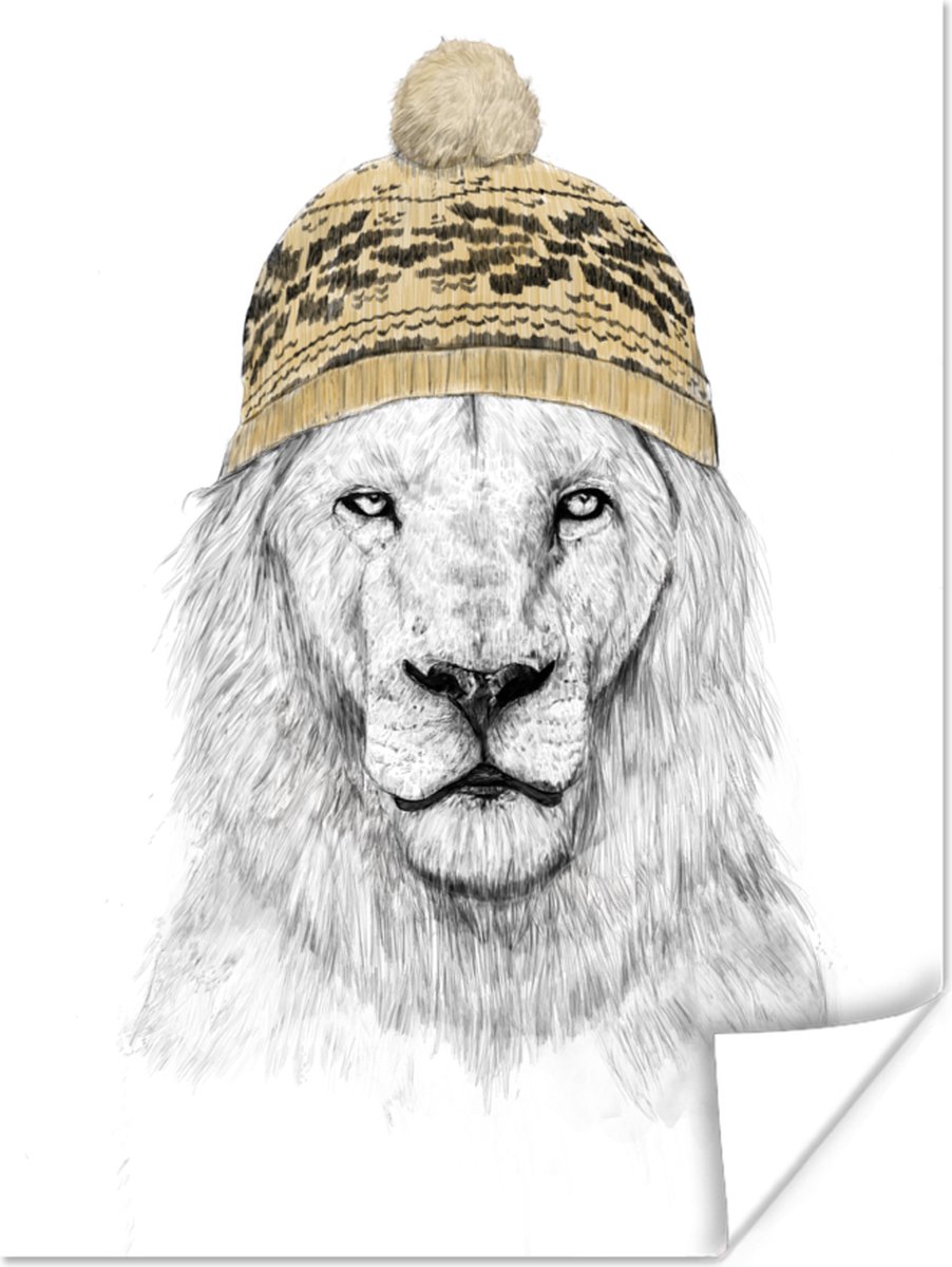 Poster Leeuw - Muts - Winter - Wit - 60x80 cm