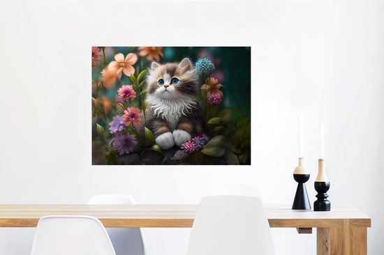 Poster Chaton - Illustration - Fleurs - Nature - Chat - 80x60 cm - Cadeau fille 7 ans