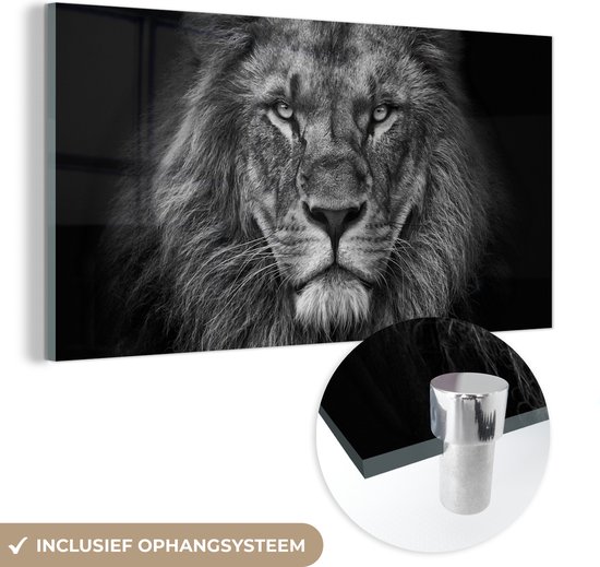 Glasschilderij leeuw - Zwart - Wit - Dieren - Foto op glas - Wanddecoratie glas - 80x40 cm - Woondecoratie - Schilderij glas - Muurdecoratie woonkamer - Glasplaat