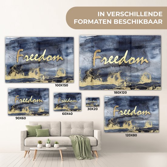 ® Glasschilderij 30x20 cm - Schilderij acrylglas - Quote - Vrijheid - Goud - Zwart - Foto op glas - Muurdecoratie woonkamer - Wanddecoratie slaapkamer - Schilderijen