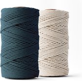 Ledent macramé touw, (3mm, 2 x 120M, marineblauw & ecru), dubbel getwist, set van 2 - 100% geregenereerd katoenkoord - Macramé touw in verschillende kleuren om mee te knutselen.