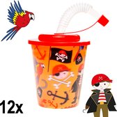 Decopatent® 12 STUKS PIRAAT 3D Drink Beker met Rietje en Deksel - 250ML - Piraten Plastic Bekers - Kinderfeestje - Kinderverjaardag Bekertjes - Traktatie - Uitdeelcadeaus