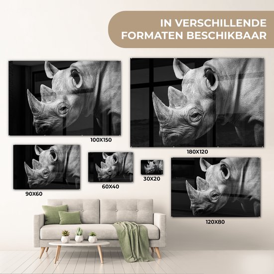 MuchoWow - Peinture sur verre - Photo sur verre - Peinture sur verre - Verre acrylique - Animaux - Rhinocéros - Zwart - Wit - Décoration murale - 90x60 cm - Salon - Décoration murale animaux - Décoration maison