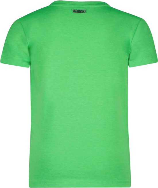 Achterkant van een felgroen T-shirt met korte mouwen en een label met B. Nosy.