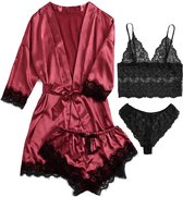 Xd Xtreme - 4-delig - Nachtkledingset bordeaux L - nachtkleding - kimono - nachtjapon - badjas - ochtendjas - satijn - lingerie set - bodysuit - sexy - pyjama