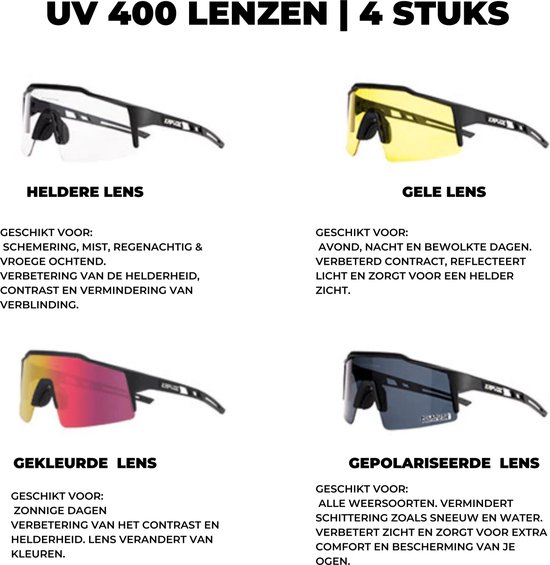 KAPVOE Sport Zonnebril - COMPLETE SET - 4 GLAZEN - Fietsbril - Sportbril - Mountainbike - Wielren - Ski - Wintersport - Polariserend - UV 400 - Nachtbril - Frame voor Zonnebril op Sterkte - Hoesje -Brillenkoker - Dames Heren - Zwart Rood van Kapvoe — afbeelding 2