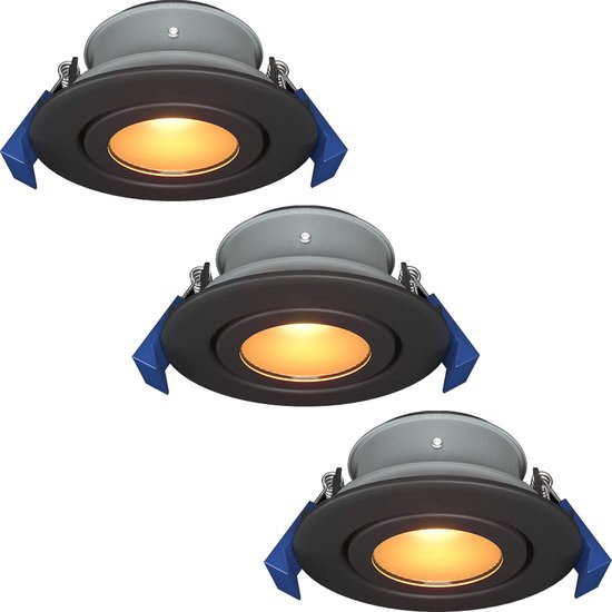 Set van 3 Lima LED inbouwspots - 4 Watt 345 lumen - 2700K Warm wit - GU10 - Dimbaar - Rond - Kantelbaar - IP65 Waterdicht - Zwart - Voor binnen, buiten en badkamer