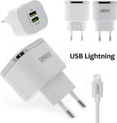 UniQ Accessory Fast charger travel adapter Lightning - Snellader reis adapter met lightning kabel - geschikt voor Apple iPhone & iPad - type Un-Q79 - 2 poorten USB - Wit - Lightning kabel bijgeleverd.