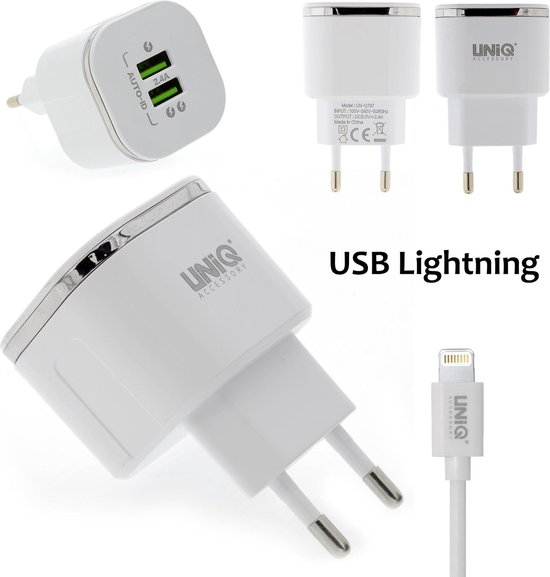 UNIQ Accessory Lightning iPhone 2.4A snelle thuis oplader met 2 USB poorten - CE Keurmerk